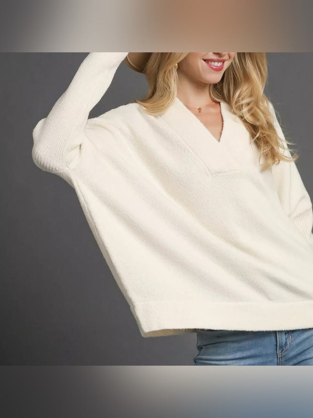 Anthropologie Cross V-neck Textured Ivory Knit Dolman Sleeve Swearer Size XL